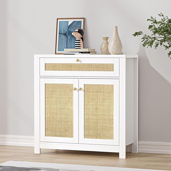 Giluta White Rattan Sideboard Cabinet Kitchen Buffet Cabinet Storage Cabinet with Door and Drawer... | Amazon (US)