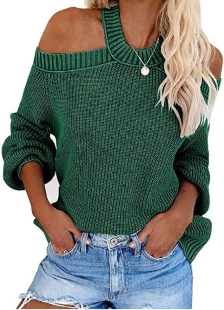 Womens Off Shoulder Sweaters Halter Cutout Back Loose Puff Long Sleeve Knit Pullover Jumper Tops | Amazon (US)