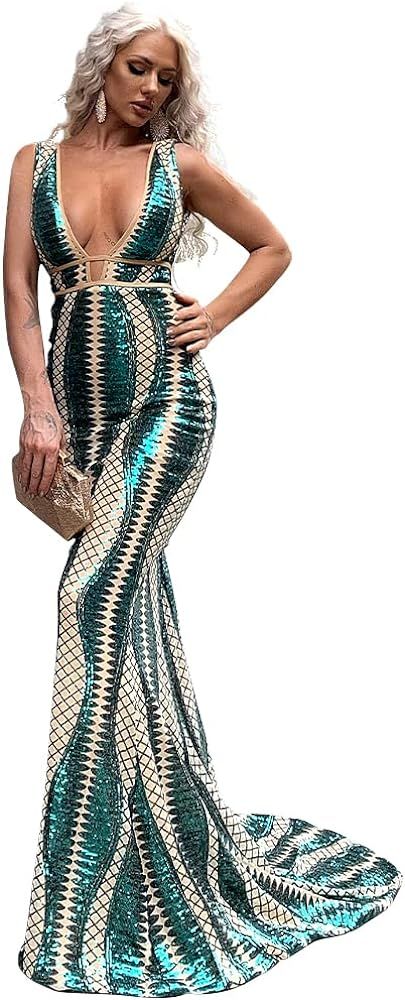 Lin Lin Q Women’s Elegant Plunging Neck Sequin Formal Maxi Dress, Geo Floor-Length Mermaid Ball... | Amazon (US)