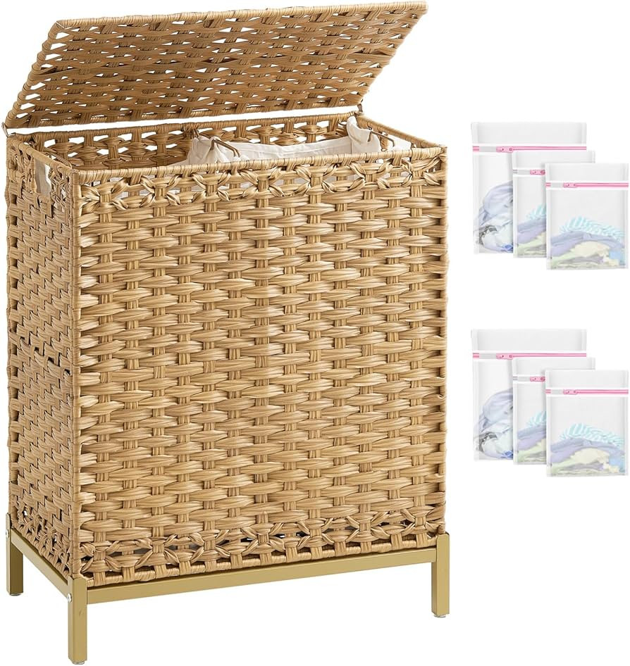 Laundry Hamper with Lid, 112 L Handwoven Rattan Wicker Laundry Basket, 2 Removable Liner Bags Met... | Amazon (US)