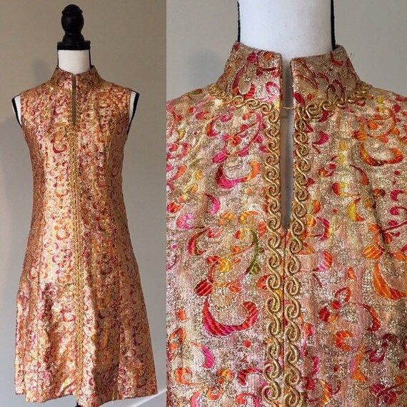 Vintage 1960s  Orange Metallic Mini Dress | Etsy | Etsy (US)
