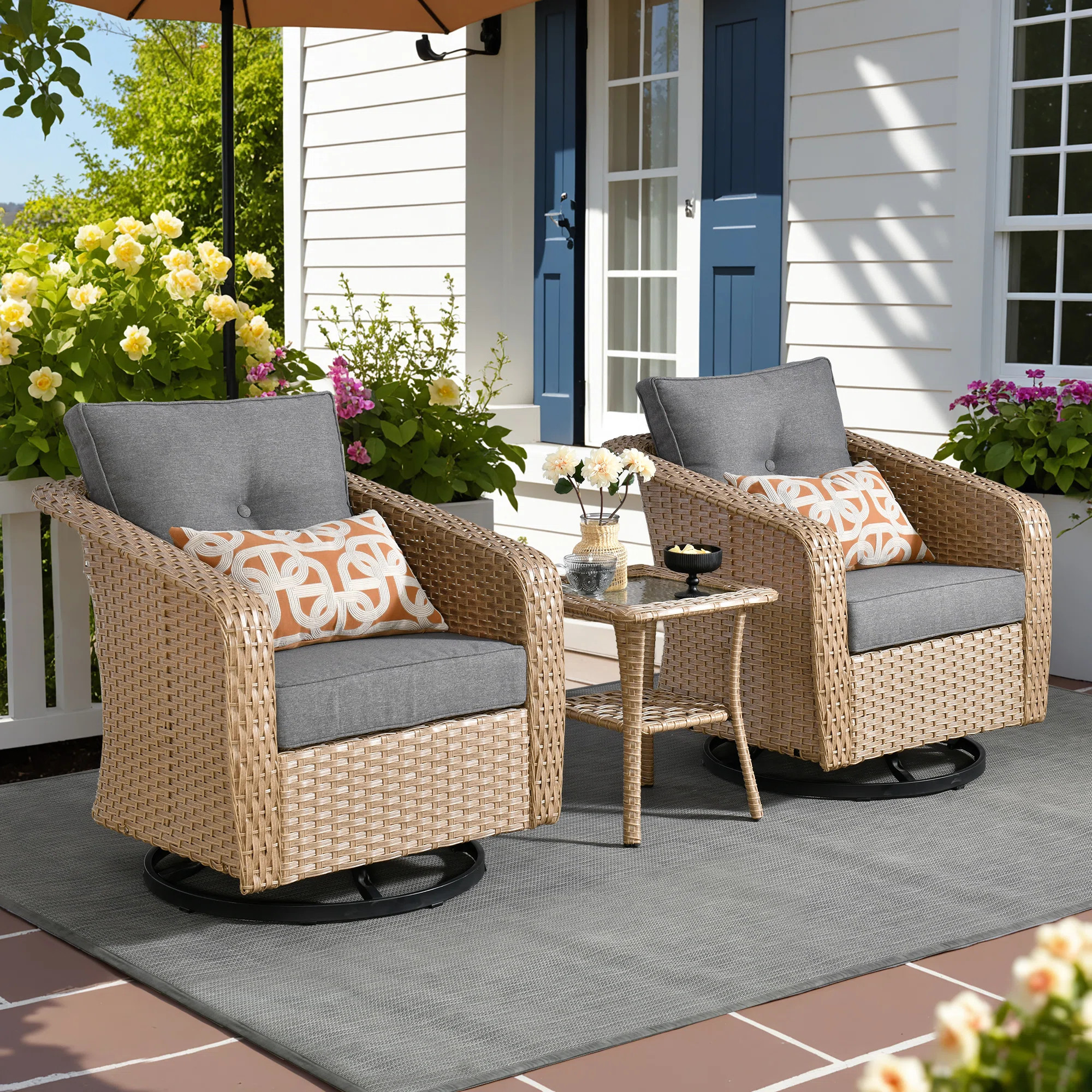 3 - Piece Patio Wicker Swivel Chair Set with Cushions and Side Table | Wayfair North America
