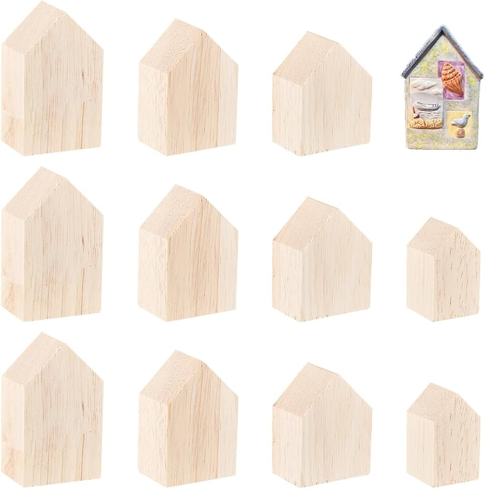OLYCRAFT 12Pcs 4Sizes Unfinished Wooden House Shaped Blocks Arrow Shape Wooden Tray Plates Blank ... | Amazon (US)