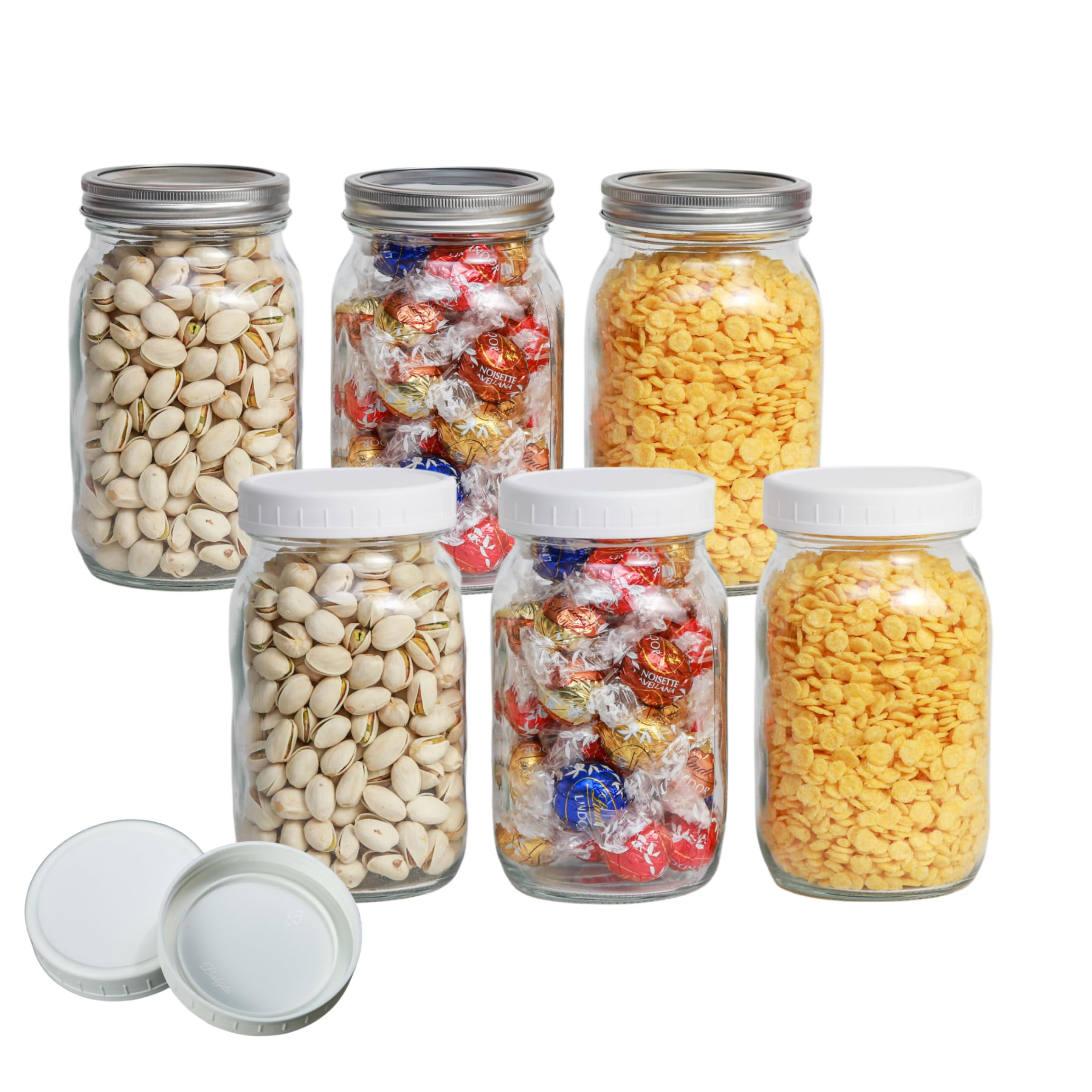 6 Pack 32 oz Glass Mason Jars, Wide Mouth Mason Jars with Lids and Bands and 6 White Plastic Maso... | Amazon (US)