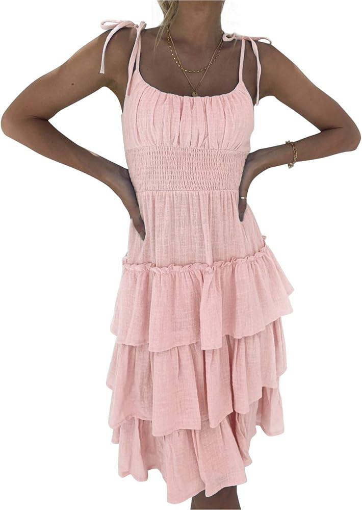 Feditch Women's Striped Adjustable Spaghetti Strap Bow Tie Ruffle Hem Dress | Amazon (US)