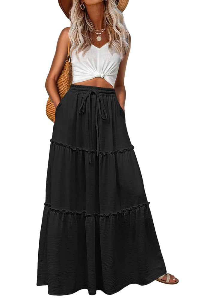 Lepunuo Womens Casual Boho High Waisted Flowy Maxi Skirts Trendy Floral Cute Long Skirts with Poc... | Amazon (US)