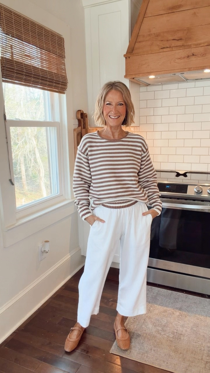 White comfy pants and the perfect striped sweater. Spring essentials! Wearing a small in sweater and XS in pants.

#LTKSpringSale #LTKgrwm #LTKootd