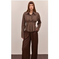 Brown Check Pleated Cinched Waist Shirt | PrettyLittleThing UK
