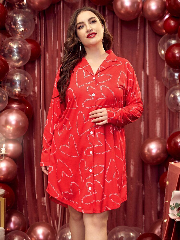 Plus Allover Heart Print Night Dress | SHEIN