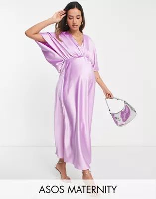 ASOS DESIGN Maternity wrap front batwing sleeve satin midi dress in lilac | ASOS (Global)
