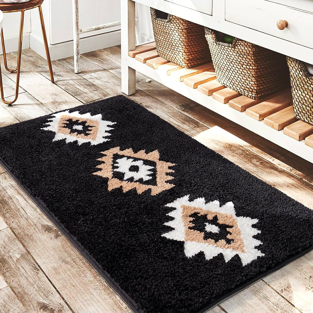 DEXDE Boho Bathroom Rugs Black Aztec Bath Mat Non Slip Western Geometric Bath Rug Luxury Soft Abs... | Amazon (US)