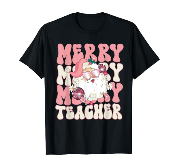 Merry Teacher Christmas Retro Wavy Pink Teacher T-Shirt | Amazon (US)
