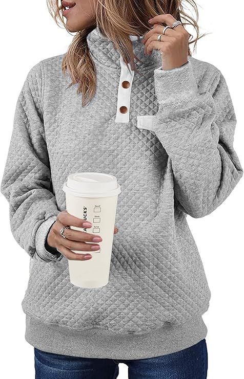 Chuanqi Womens Quilted Sweatshirts Casual Long Sleeve Outdoor Stand Collar Snap Pullover Tops | Amazon (US)