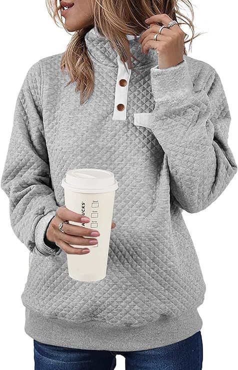 Chuanqi Womens Quilted Sweatshirts Casual Long Sleeve Outdoor Stand Collar Snap Pullover Tops | Amazon (US)