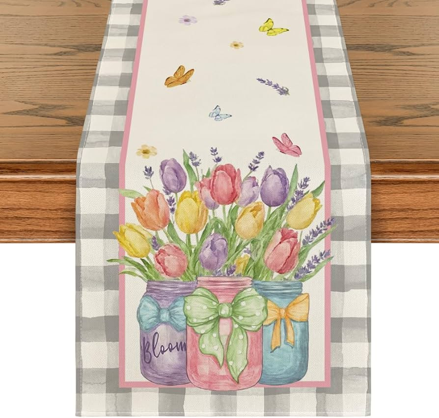 Artoid Mode Buffalo Plaid Vase Lavender Tulip Spring Table Runner, Seasonal Kitchen Dining Table ... | Amazon (US)
