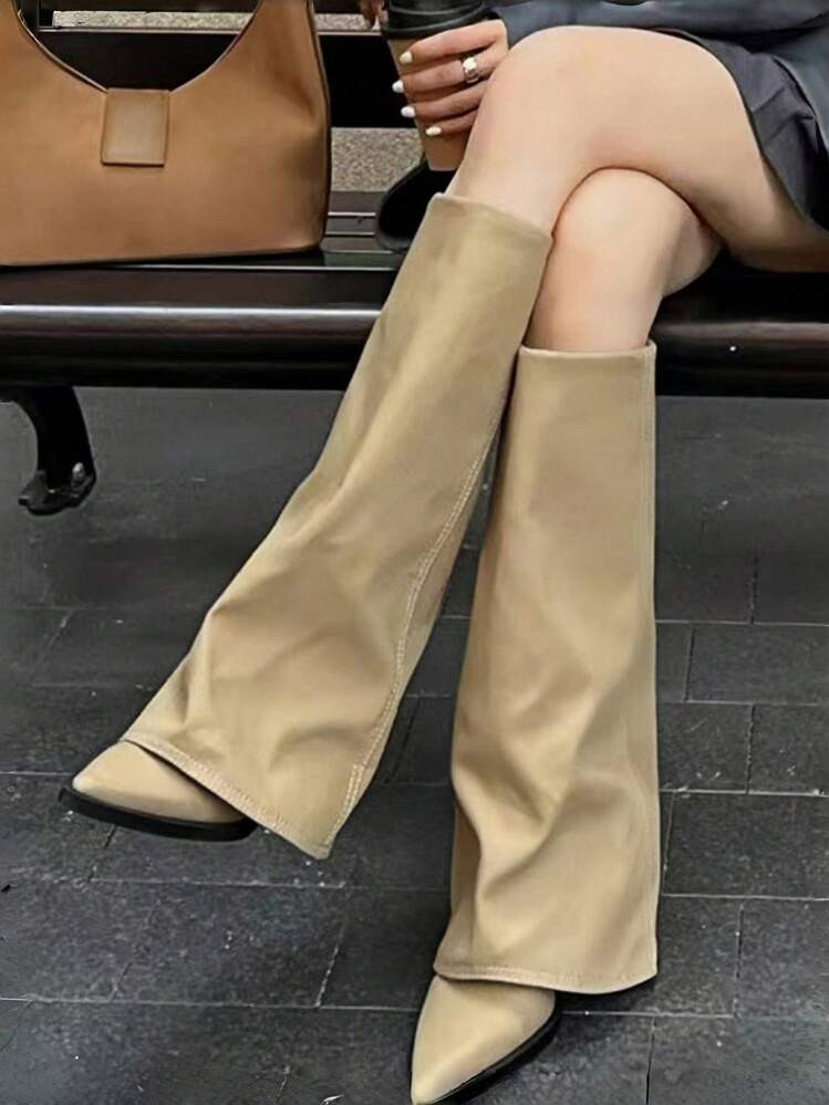 Khaki Wide Leg Boots Women's 2024 New Pointed Toe Straight Tube Tall Boots Western Cowboy Boots, Summer | SHEIN