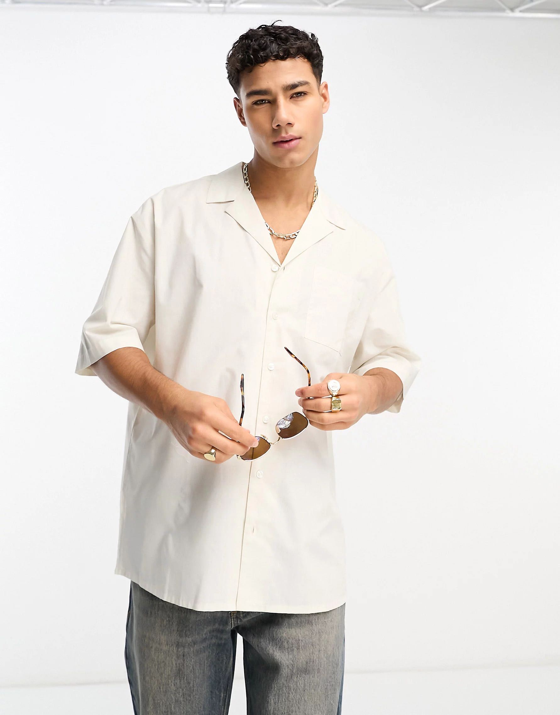 New Look revere poplin half sleeve shirt in off white | ASOS (Global)