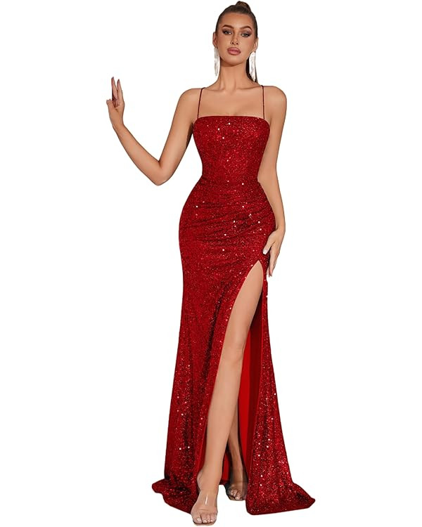 Elegant Evening Dress Women Party Long Formal Dress Sequined Strap Ladies Gown Bodycon Floor Leng... | Amazon (US)