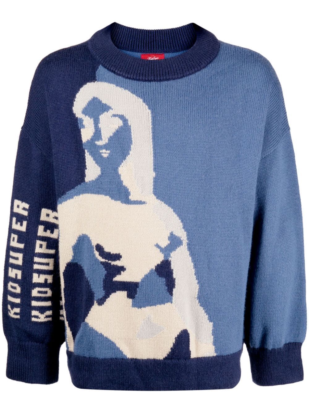 KidSuper Blue intarsia-knit Logo Jumper - Farfetch | Farfetch Global