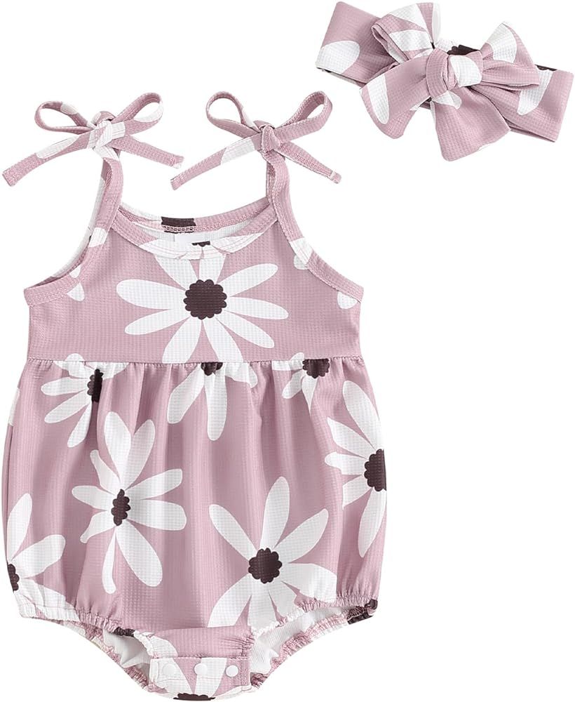 Kupretty Newborn Baby Girl Summer Clothes Waffle Knit Sleeveless Strap Daisy Romper Bodysuit Jump... | Amazon (US)