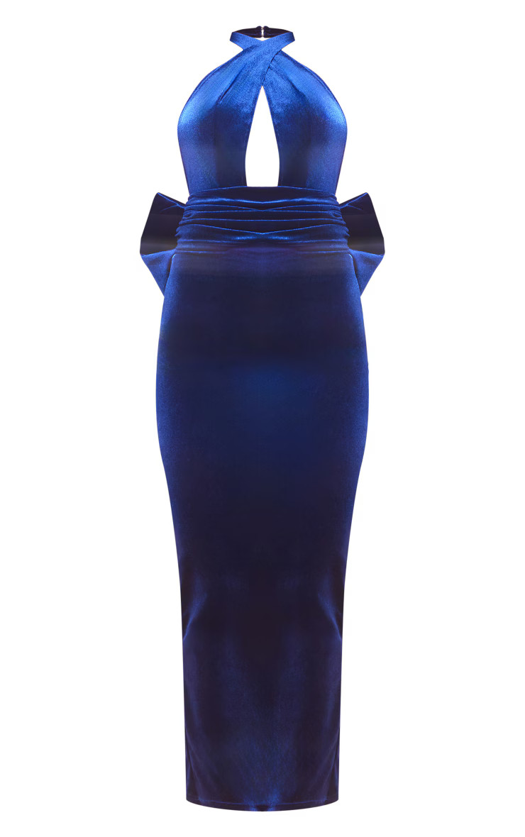 Navy Velvet Halterneck Bow Detail Maxi Dress | PrettyLittleThing US