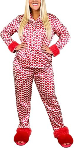 Yiulangde Satin Valentine's Day Pajamas for Women Button Down Love Heart Silk Pajama Set with Feathers PJ Pants Sleepwear Lounge Sets | Amazon (US)