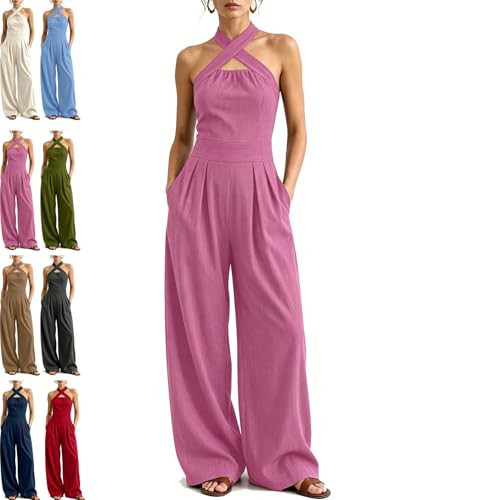 Women's Cross Halter Neck Jumpsuit, Sleeveless Wide Leg Pants Romper with Pockets, Casual One Piece Outfit (Pink,Large) | Amazon (US)