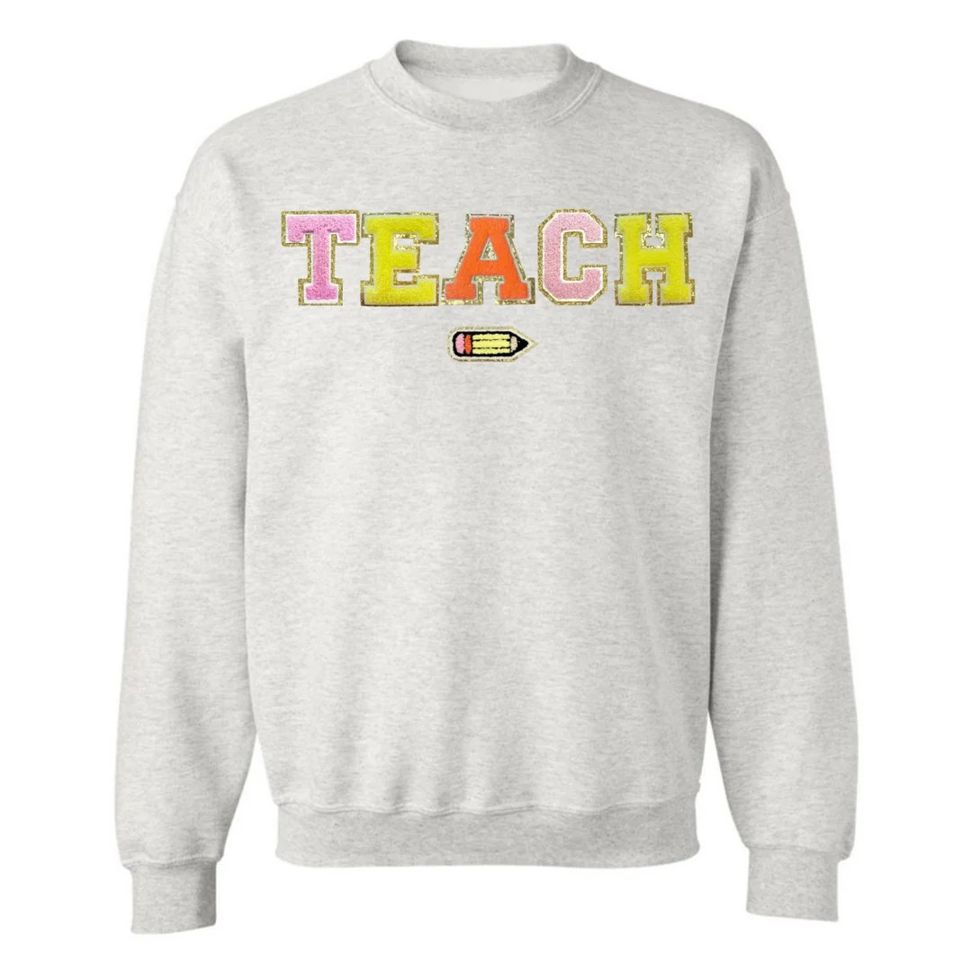 Teach Pencil Letter Patch Crewneck Sweatshirt | United Monograms