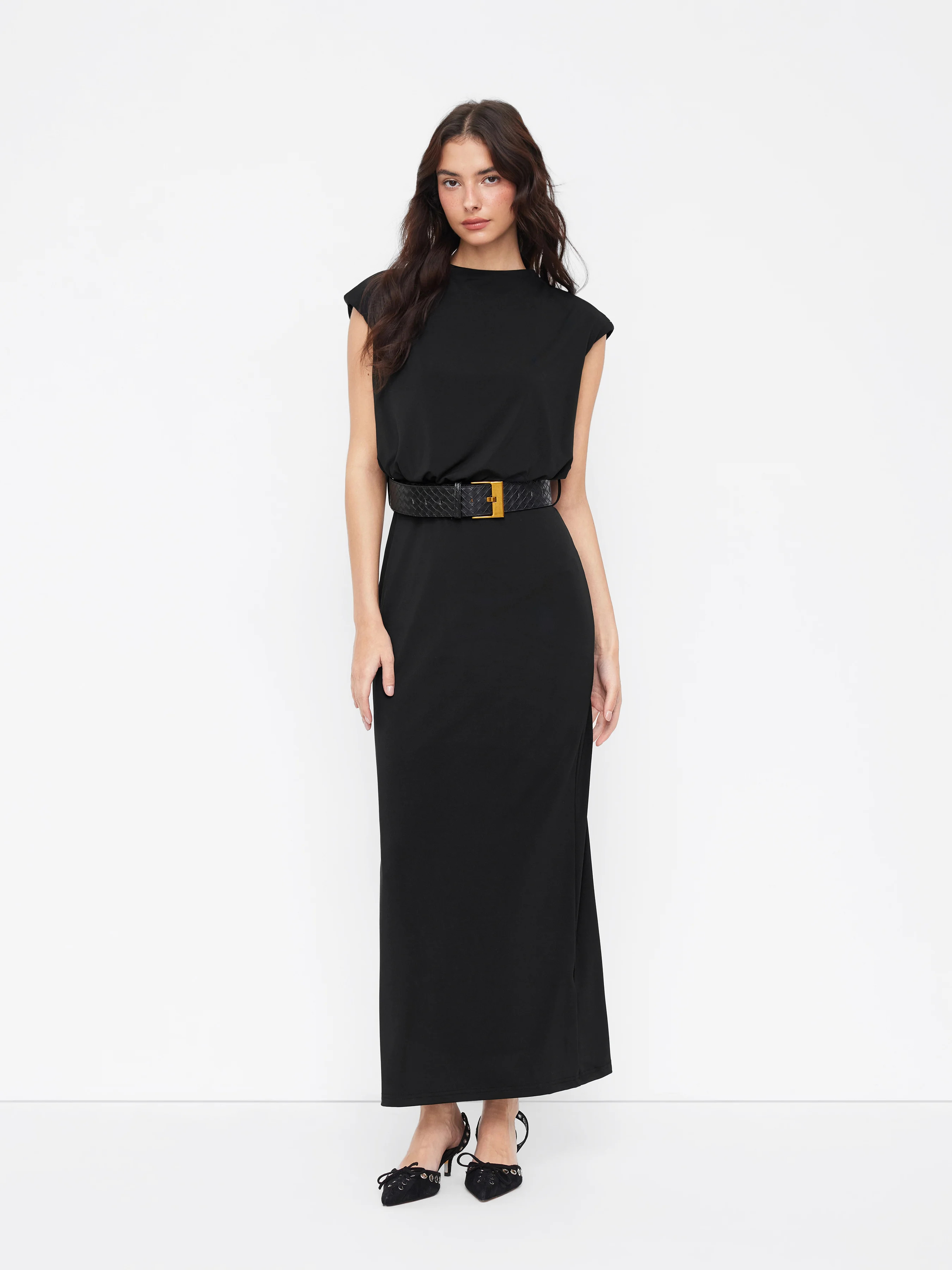 Round Neckline Split Straight Maxi Dress With Belt | Cider