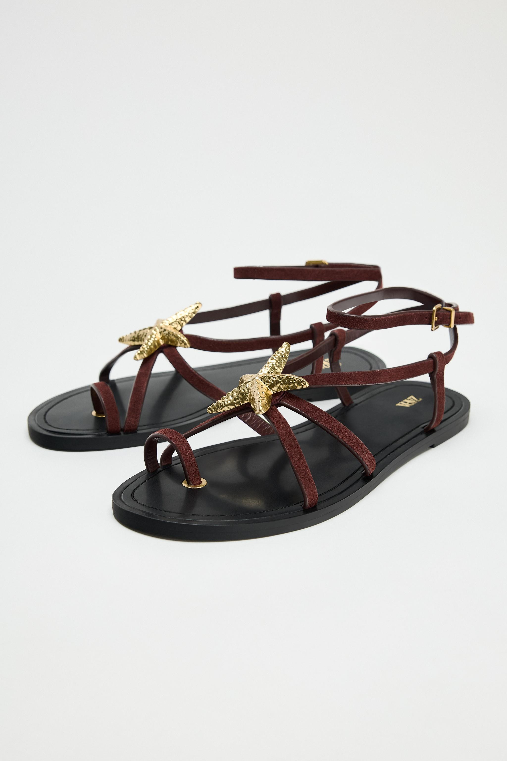 FLAT SUEDE SANDALS WITH METALLIC PIECE | Zara US