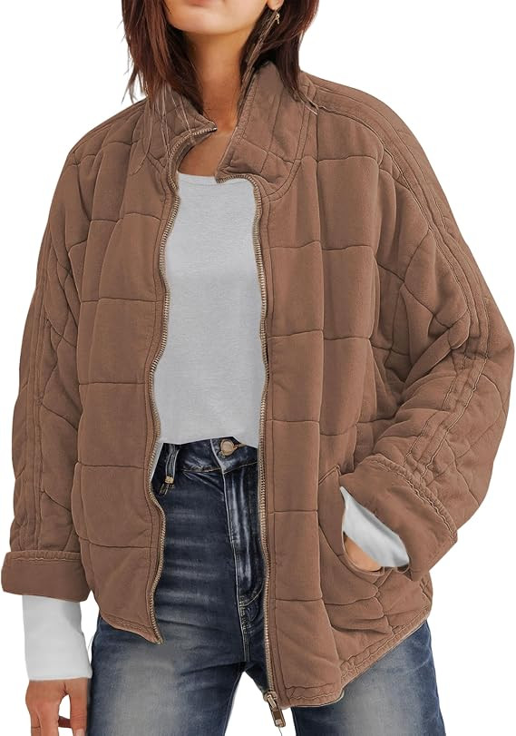 Womens Dolman Quilted Lightweight Jackets Full-zip Stand Collar Loose Warm Fall Winter Outwears w... | Amazon (US)