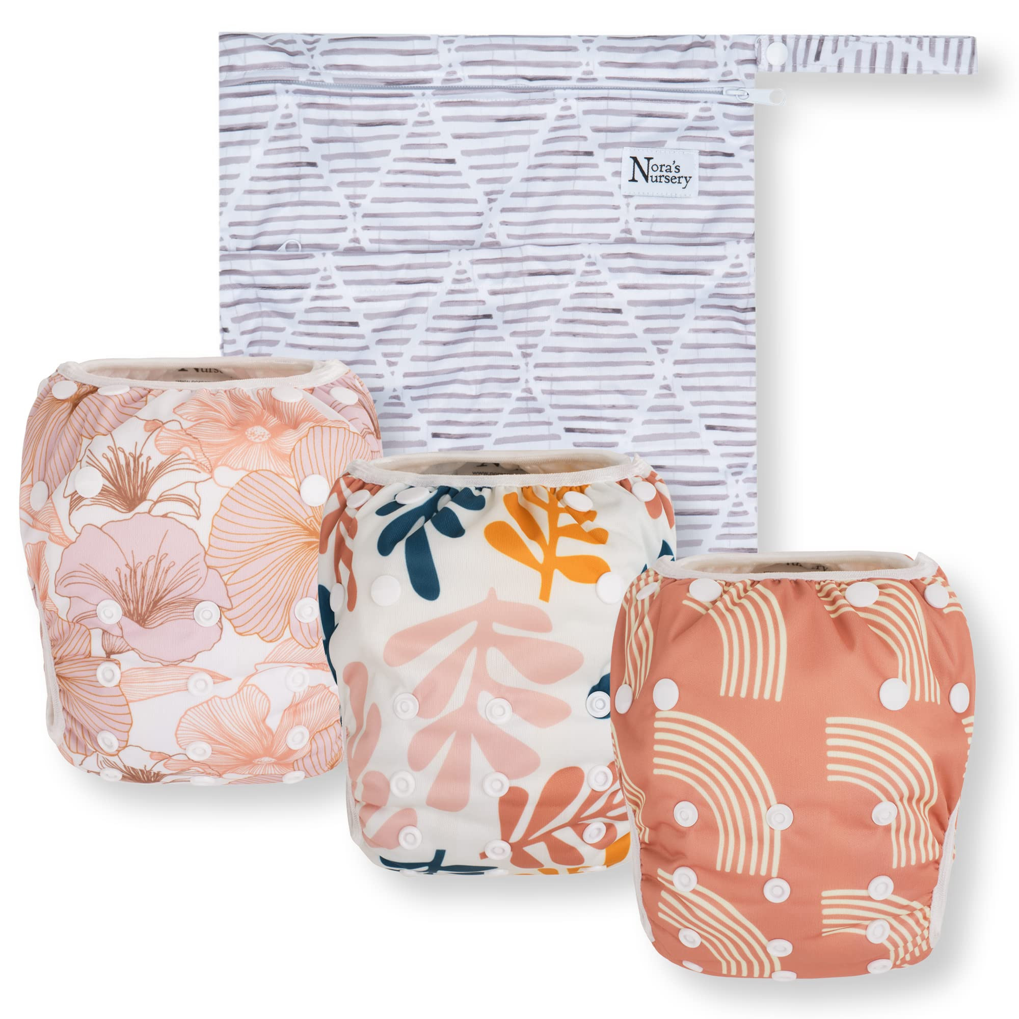 Nora's Nursery Reusable Swim Diapers and Wet Bag - One Size Fully Adjustable - Tropical 3 Pack wi... | Amazon (US)