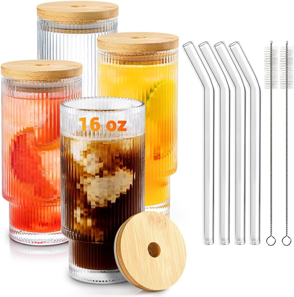 Gracenal Glass Cups with Lids and Straws 4Pcs Set, 16oz Drinking Glasses Set, Vintage Iced Coffee... | Amazon (US)