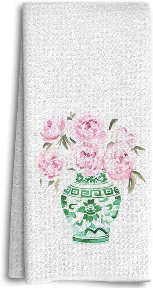 Dwept Green Porcelain Kitchen Towels, Chinoiserie Decor, Preppy Hand Towels, Watercolor Pink Flor... | Amazon (US)