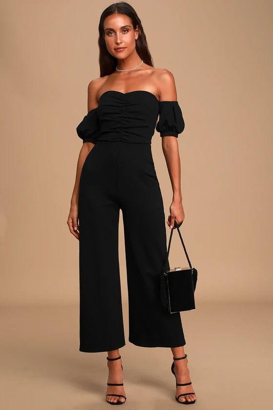 Impress Release Black Off-the-Shoulder Puff Sleeve Jumpsuit | Lulus (US)