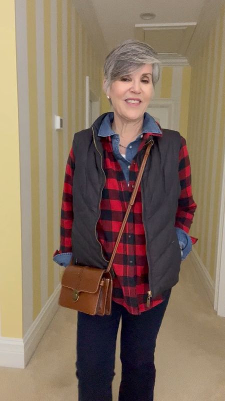 Great layered look for winter. Take a white tank, add an amber necklace, an @talbots denim shirt (s),a flannel shirt (s) and an @talbots puffer vest (s).The brown crossbody bag is terrific! Carries everything in a neat compact way 

#LTKsalealert #LTKstyletip #LTKSeasonal