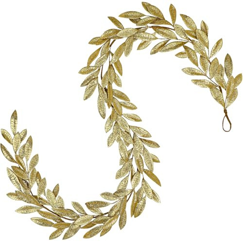 6FT Christmas Gold Leaf Garland Glitter Bay Leaves Garland Artificial Bay Leaf Garlands Faux Glitter Vine for Xmas Decorations Mantel Table Door Wall Window Birthday Wedding Holiday Décor - Gold | Amazon (US)