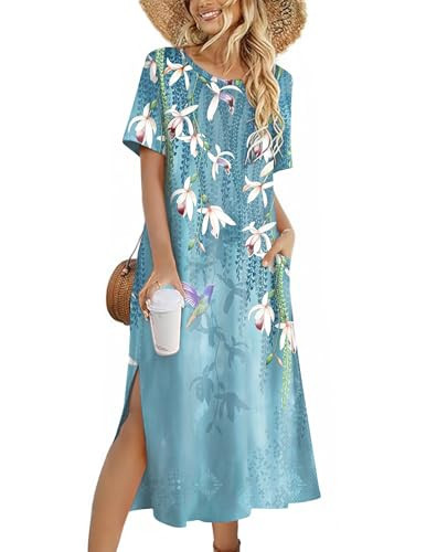 Zeagoo Tropical Vacation Outfits for Women Womens Tropical Beach Dress for Summer A Line Maxi Dress Hawaii Sun Dress O Neck Trendy Split Loose Casual Cover Up Pockets Dresses Shift Vacation Blue S | Amazon (US)