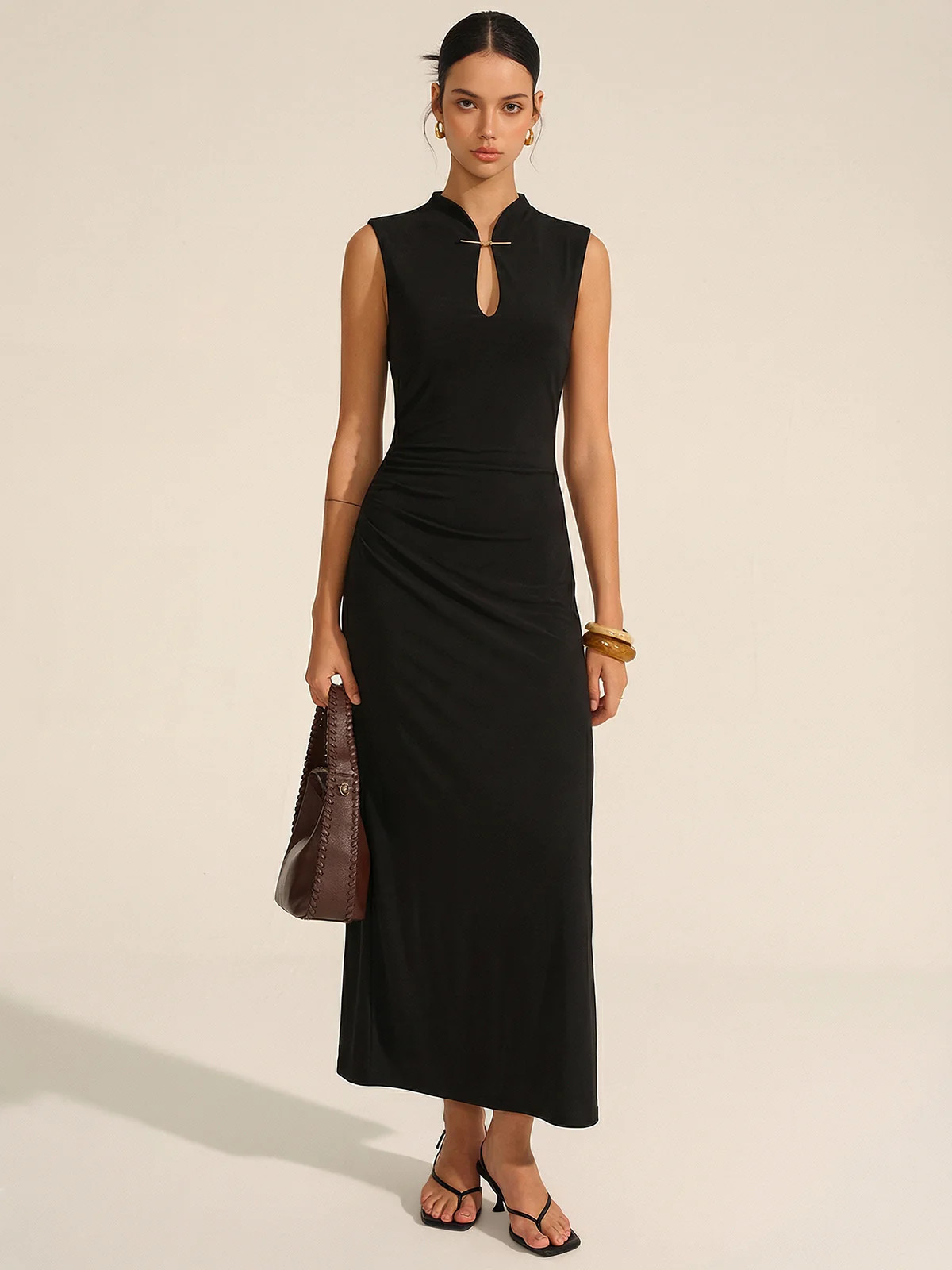 Sleeveless Ruched Keyhole Neck Maxi Dress | Commense