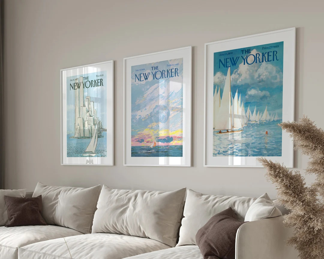 New Yorker Magazine Cover Poster Set of 3 Trendy Retro Wall Art, Light Blue New Yorker Posters, V... | Etsy (US)