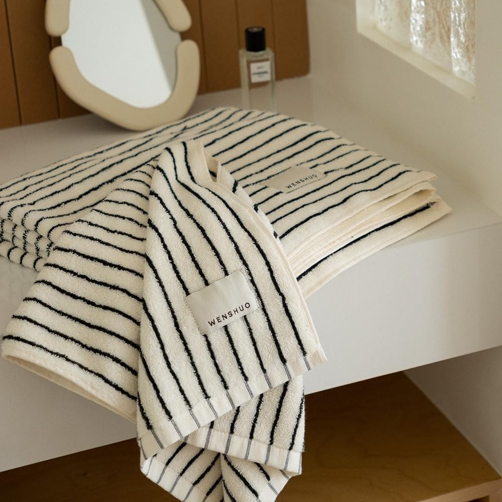 WENSHUO Black&White Striped Pure Cotton Bath Towel,100% Combed Cotton,Luxury Shower Towel,Super A... | Amazon (US)
