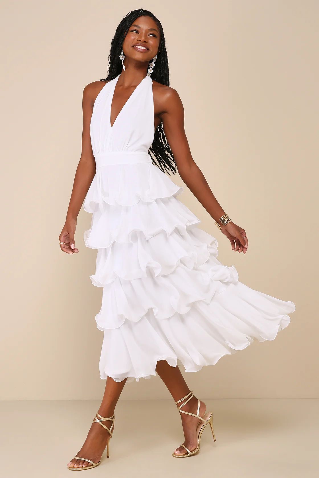 Exceedingly Gorgeous White Tiered Halter Midi Dress | Lulus
