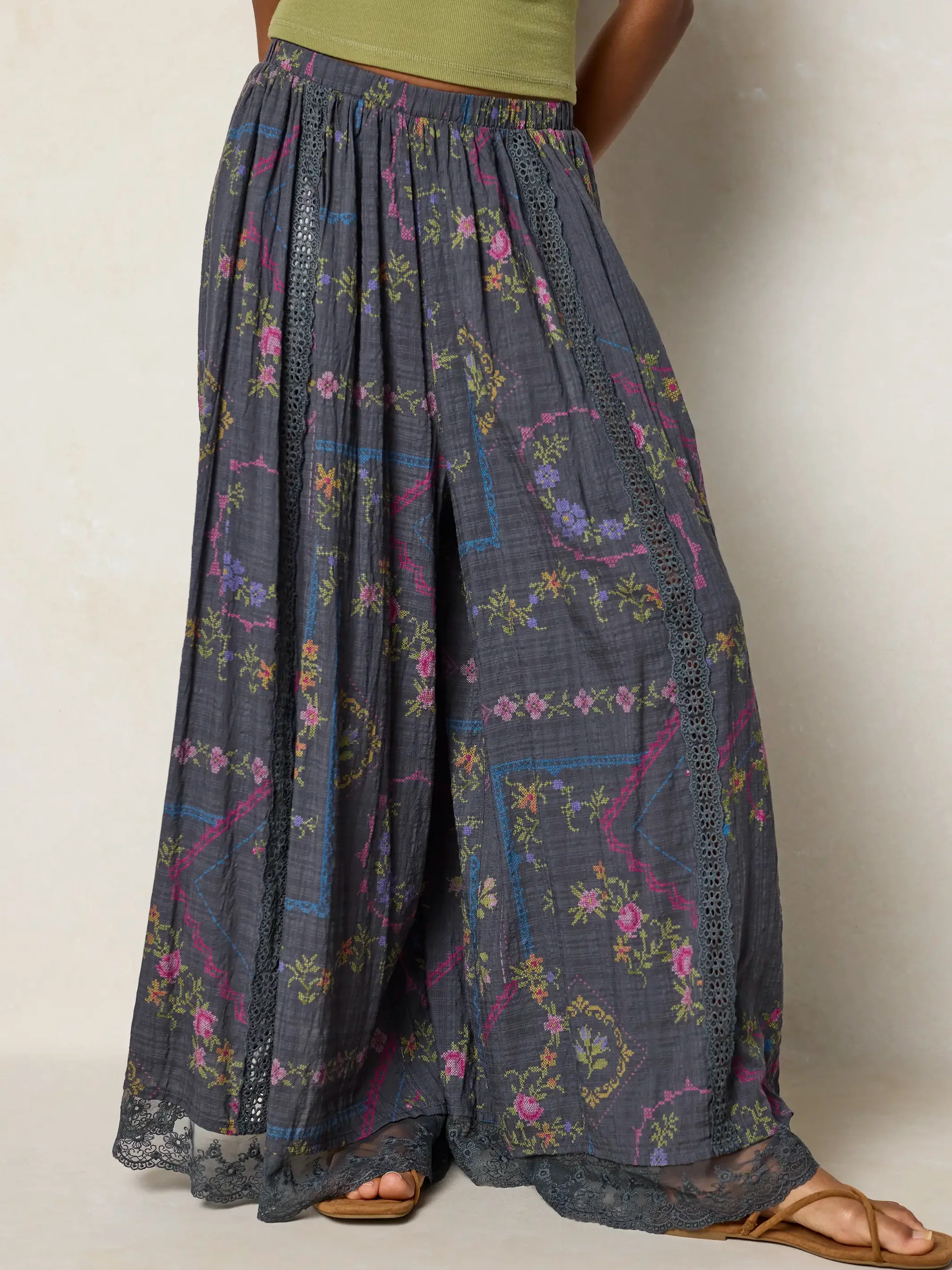Adeline Wide-Leg Pants - Light Pink Bouquets | Natural Life