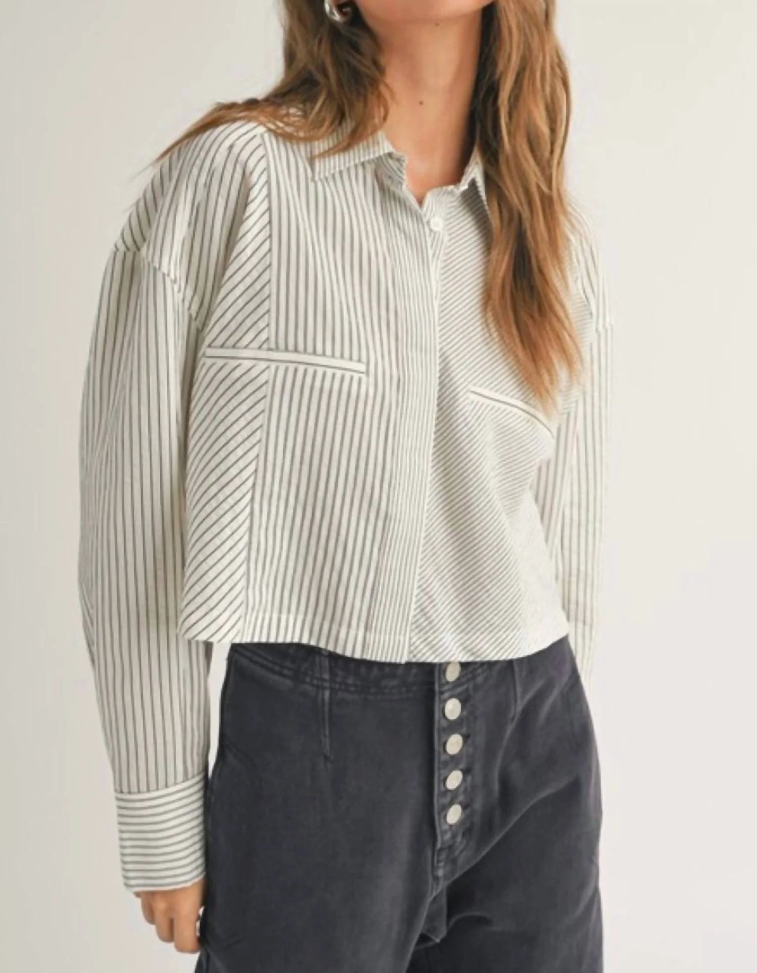 Striped Cropped Button Down Shirt In Black Stripe | Shop Simon