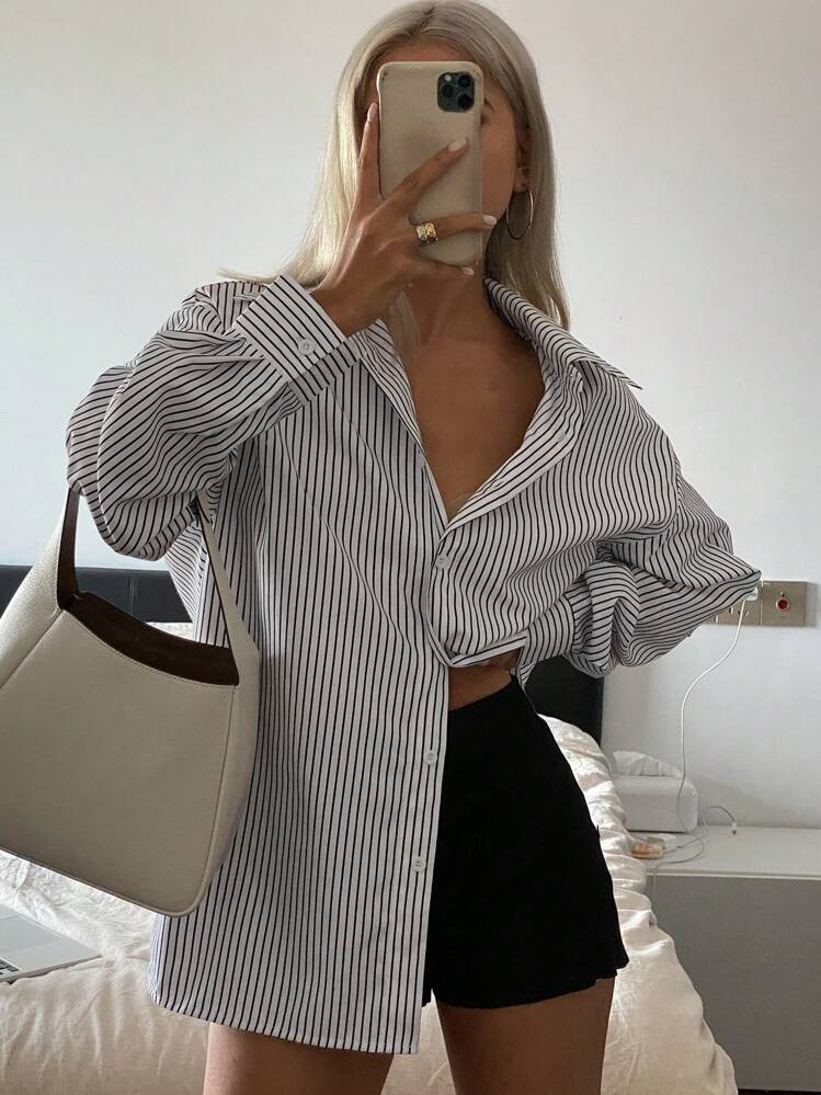 DAZY Striped Loose Fit Longline Shirt Collar Women's Button Down Shirt With Long Sleeves,Long Sle... | SHEIN