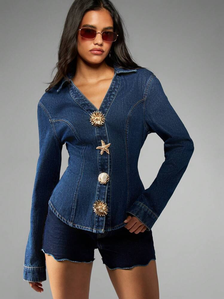 MISSGUIDED Denim Jacket Button Up Long Sleeve Fitted Waist Gold Seashell Starfish Embellished Western Style Spring Fall Fashion Statement Piece | SHEIN