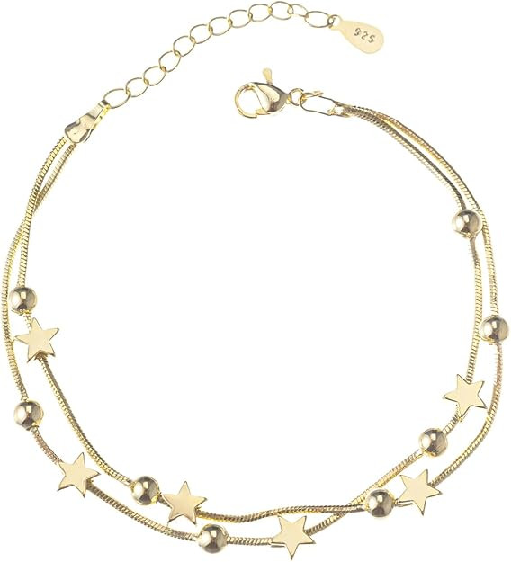 14K White Gold Plated Link Bracelet for Women Teen Girls Heart Star Round Beaded Charms Dainty Ch... | Amazon (US)