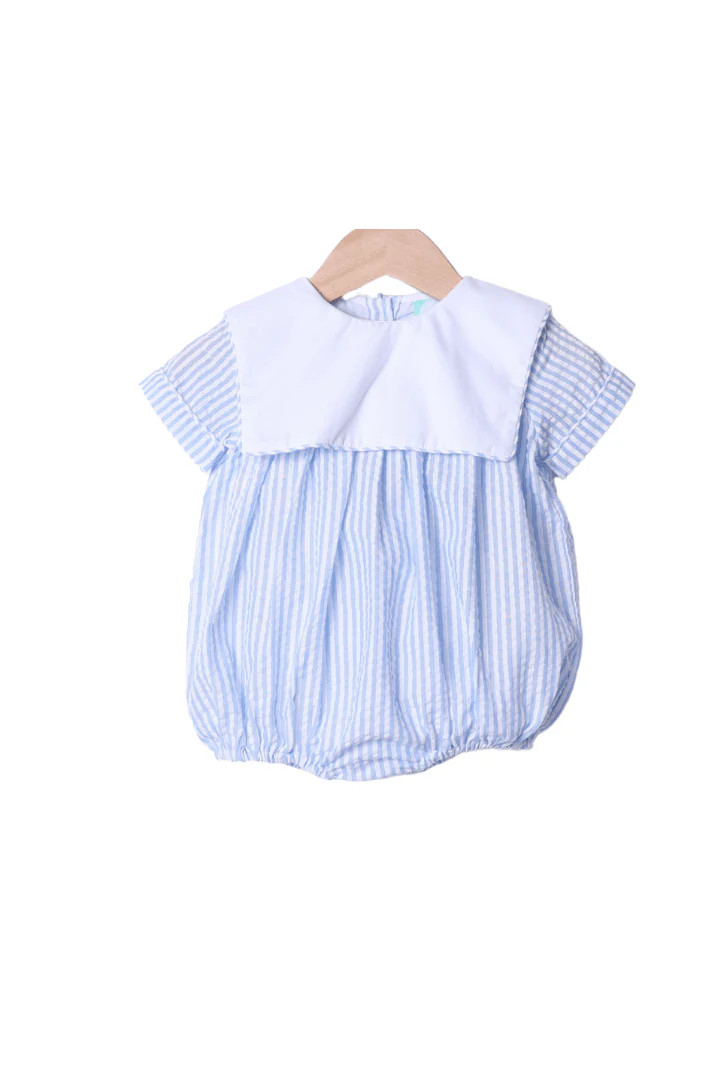 Blue Seersucker Classic Bib Bubble | The Smocked Flamingo