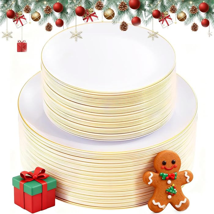 KIRE 100PCS Disposable Plates - White with Gold Rim for Christmas Party/Wedding - Includes 50Piec... | Amazon (US)