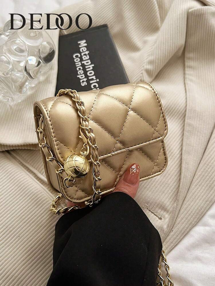 Spring And Summer Simple And Versatile, High-End Texture, Rhinestone Embroidered Gold Ball Chain Strap, Can Be Worn Over Shoulder Armpit, Mini Bag | SHEIN